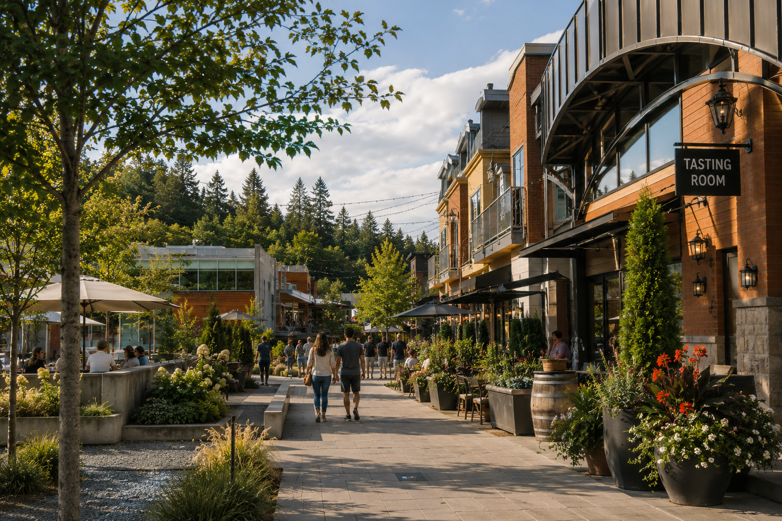 A walkable Woodinville wine-country streetscape with tasting rooms and visitors